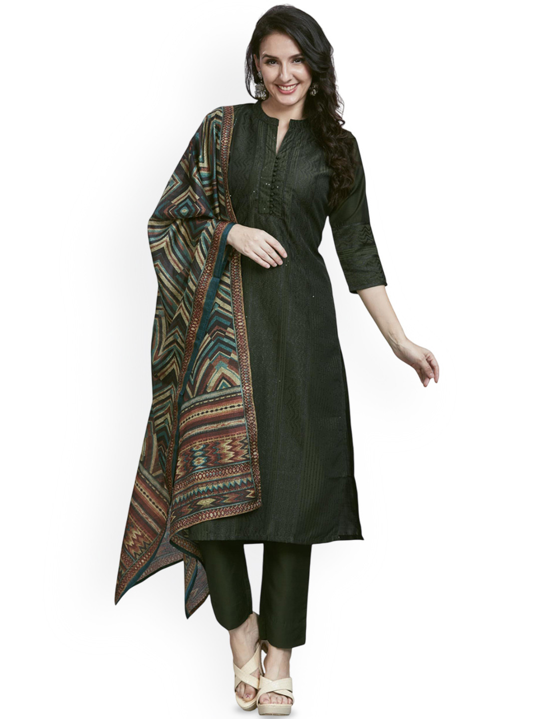 Nioni Self Design Mandarin Collar Chanderi Silk Straight Kurta With Trousers & Dupatt