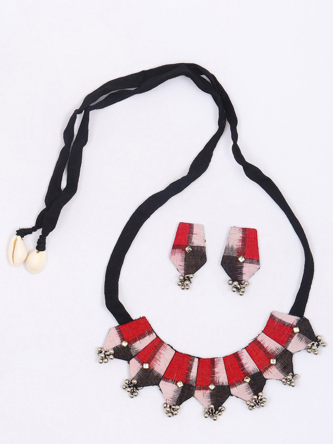 Exotic India Handloom Sambalpuri Fabric Necklace and Earrings Set with Dangling Beads