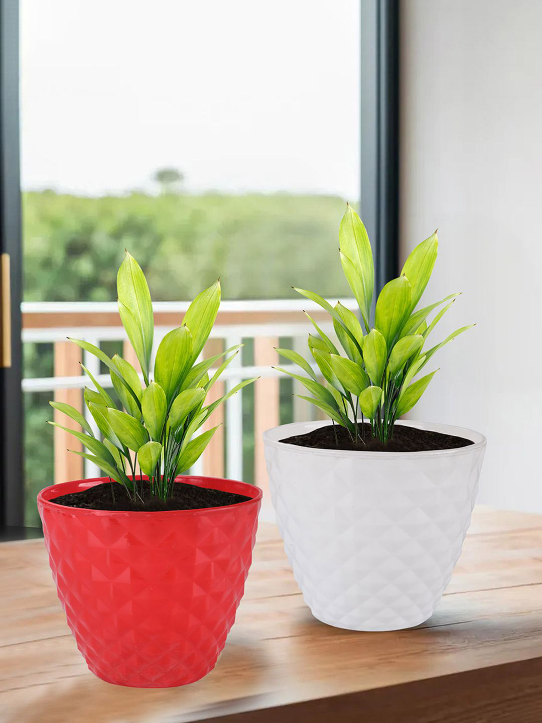 Kuber Industries White & Red 4 Pieces Diamond Pattern Flower Pots For Garden