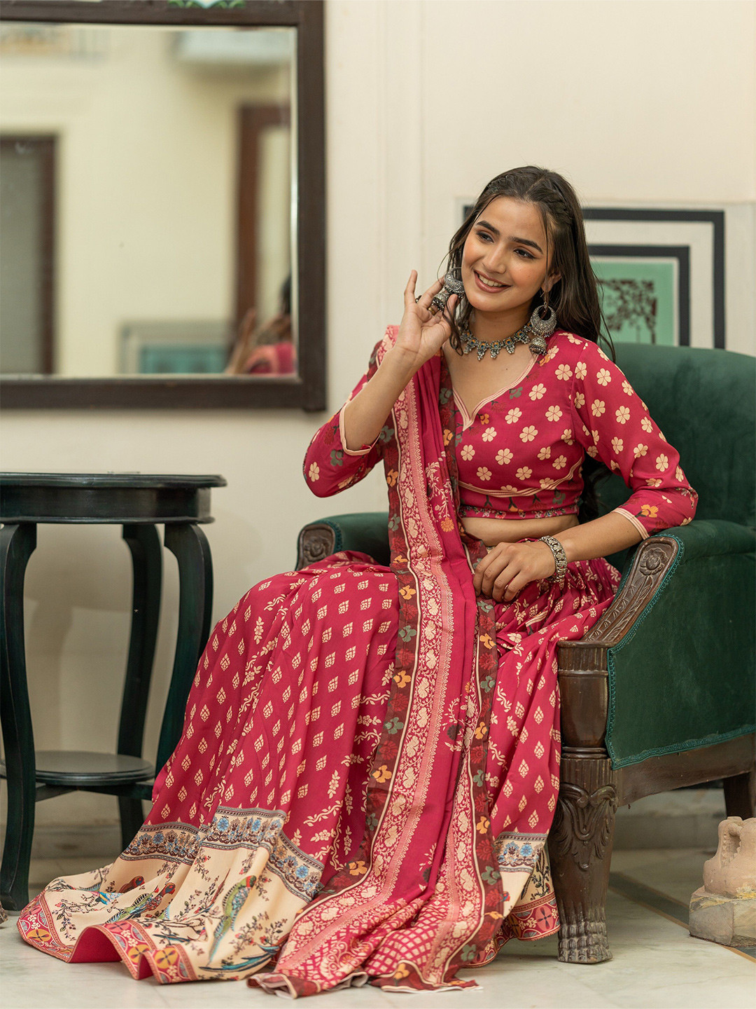 TASRIKA Printed Muslin Silk Semi-Stitched Lehenga & Unstitched Blouse With Dupatta