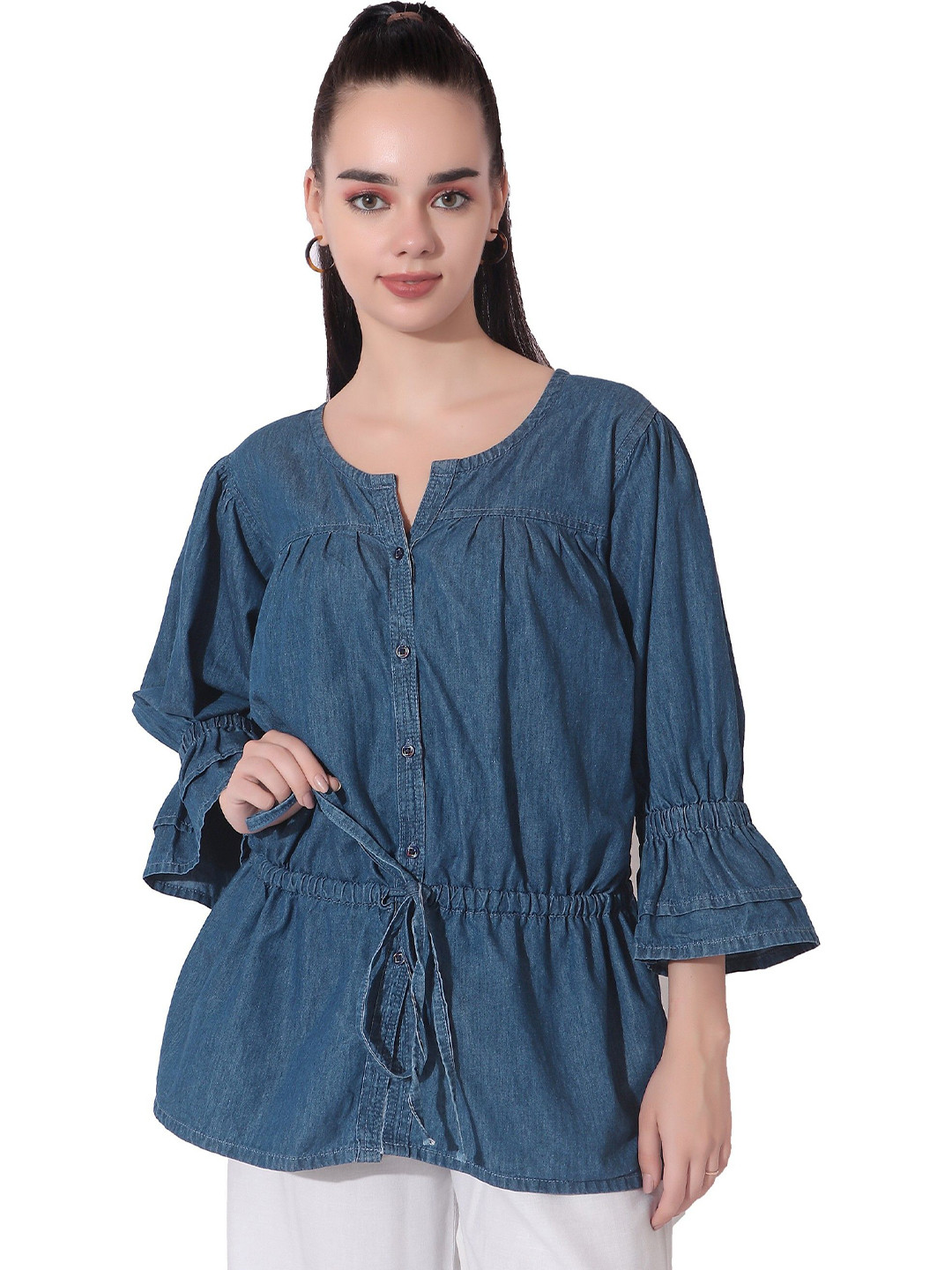CEFALU Bell Sleeve Denim Shirt Style Top