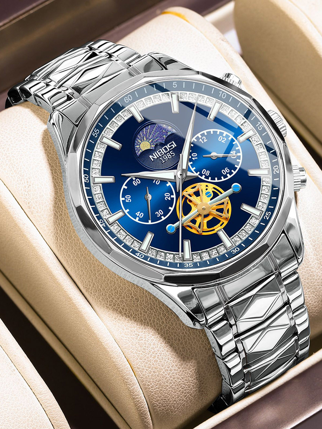 Nibosi Men Skeleton Dial & Reset Time Analogue Watch NB-2656-Slvr-Blu