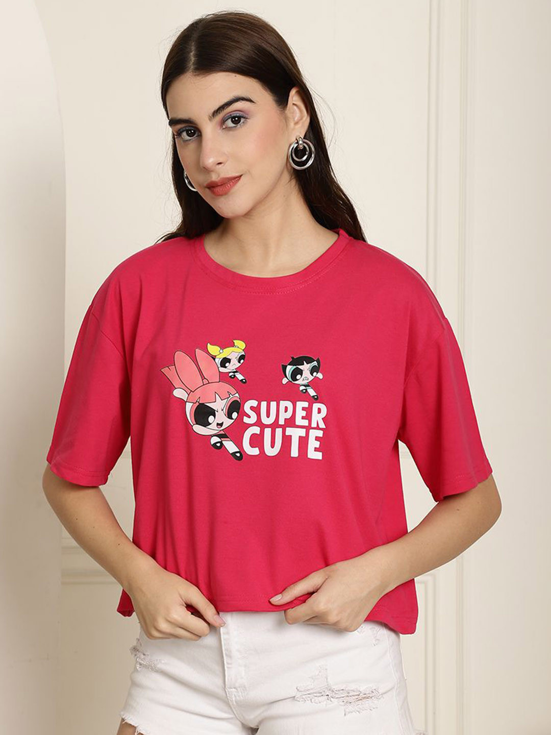 Dreambe Women Supergirl Graphic Printed Round Neck Cotton Boxy T-shirt
