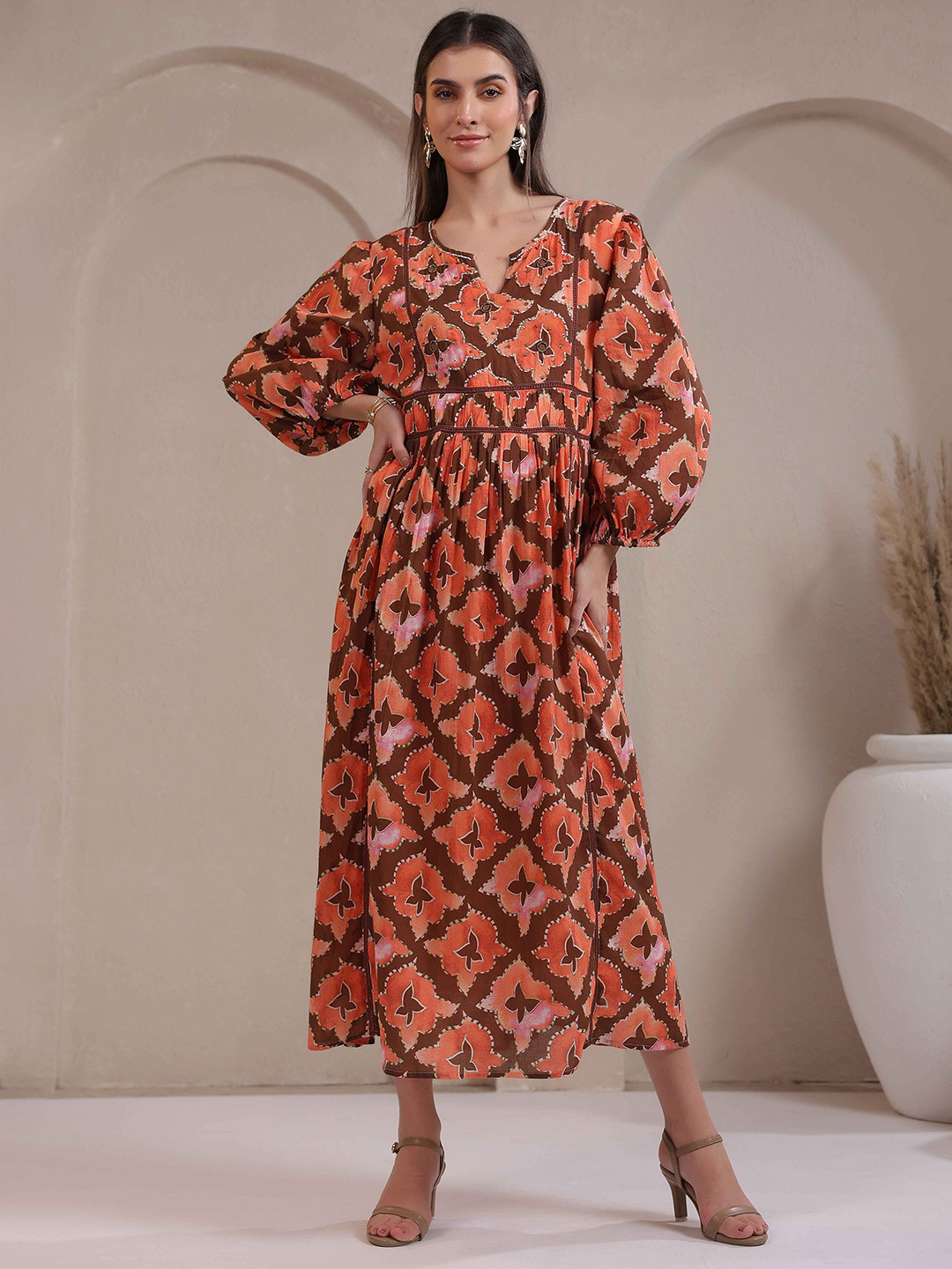 Nyaro Women Orange Printed Cotton Voile Dress