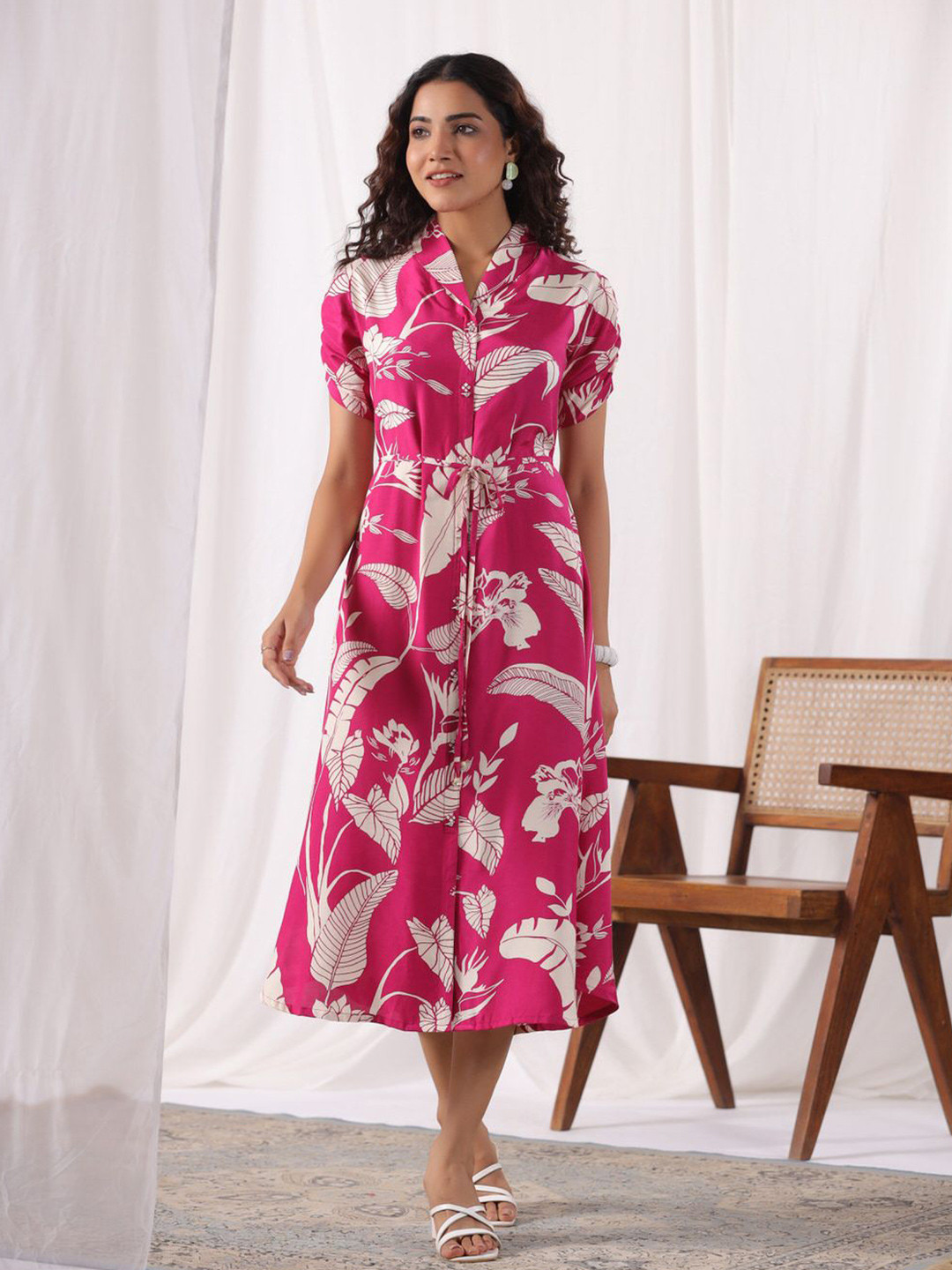 JISORA Women Pink Printed Russian Silk Dress