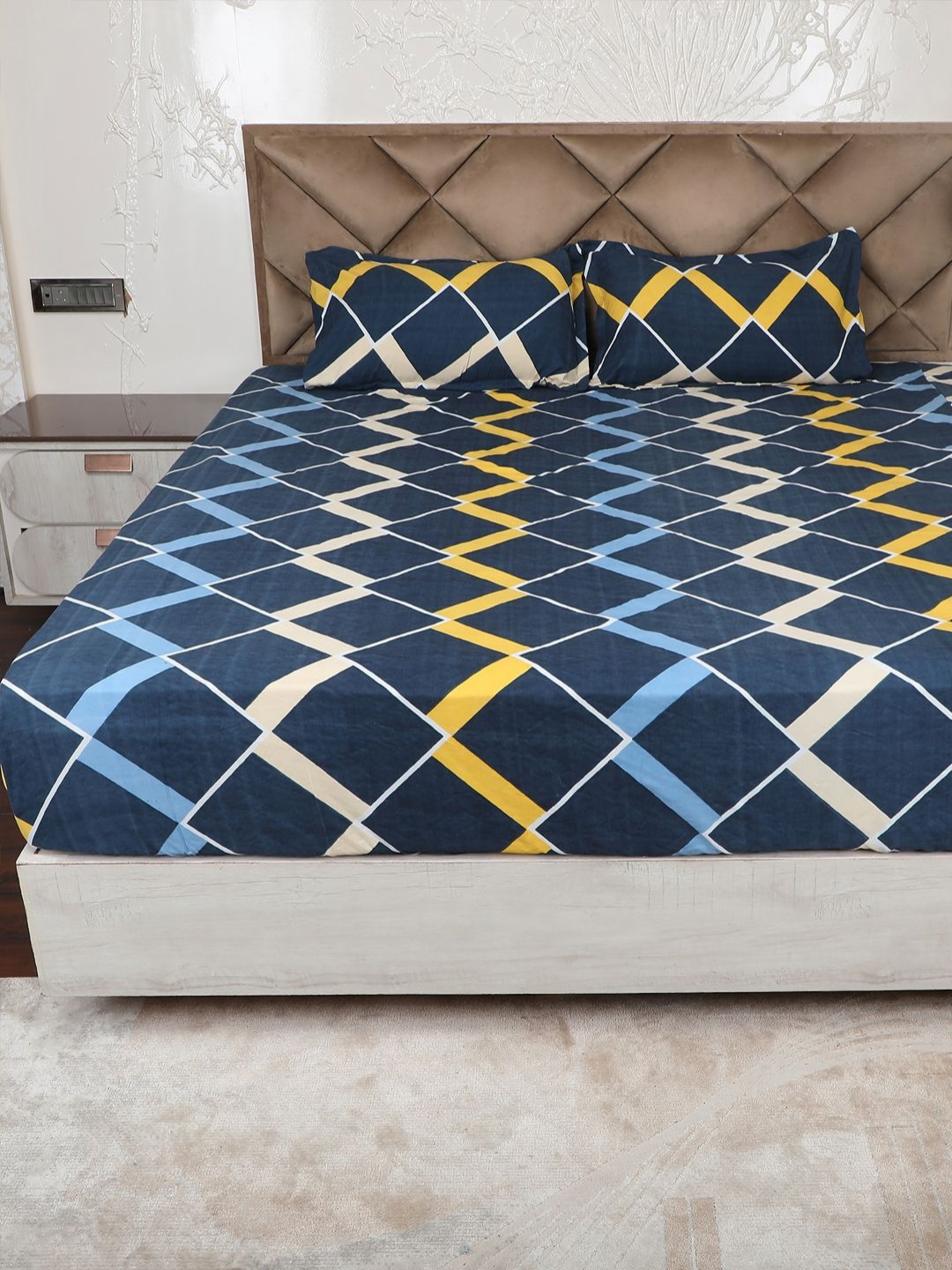 AVI Printed Signature Blue Geometric Polycotton Breathable 180 TC King Superfine Bedsheet with 2 Pillow Covers-88 x 95 inches