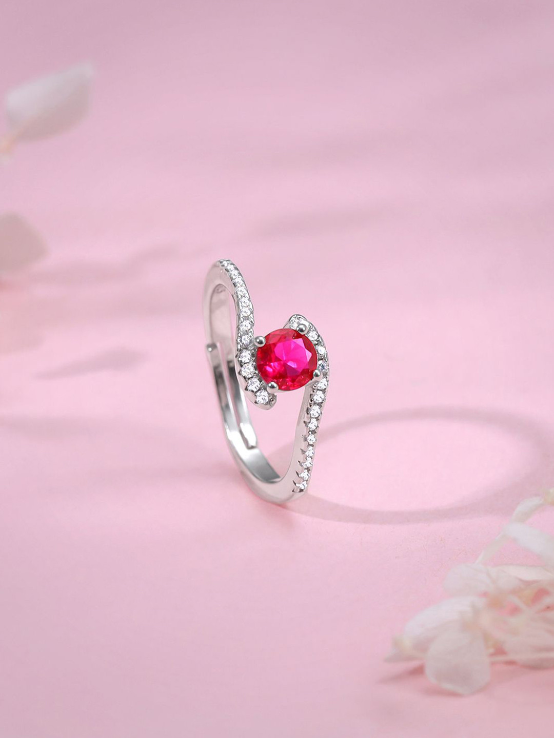 GIVA 925 Sterling Silver Rhodium Plated Red Cubic Zirconia Studded Rebel Adjustable Ring