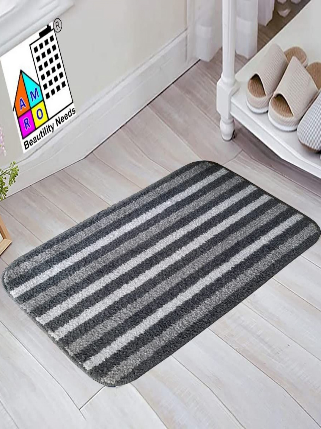 AMRO BEAUTILITY NEEDS Grey & Black Striped Anti-Skid Waterproof Bath Rug