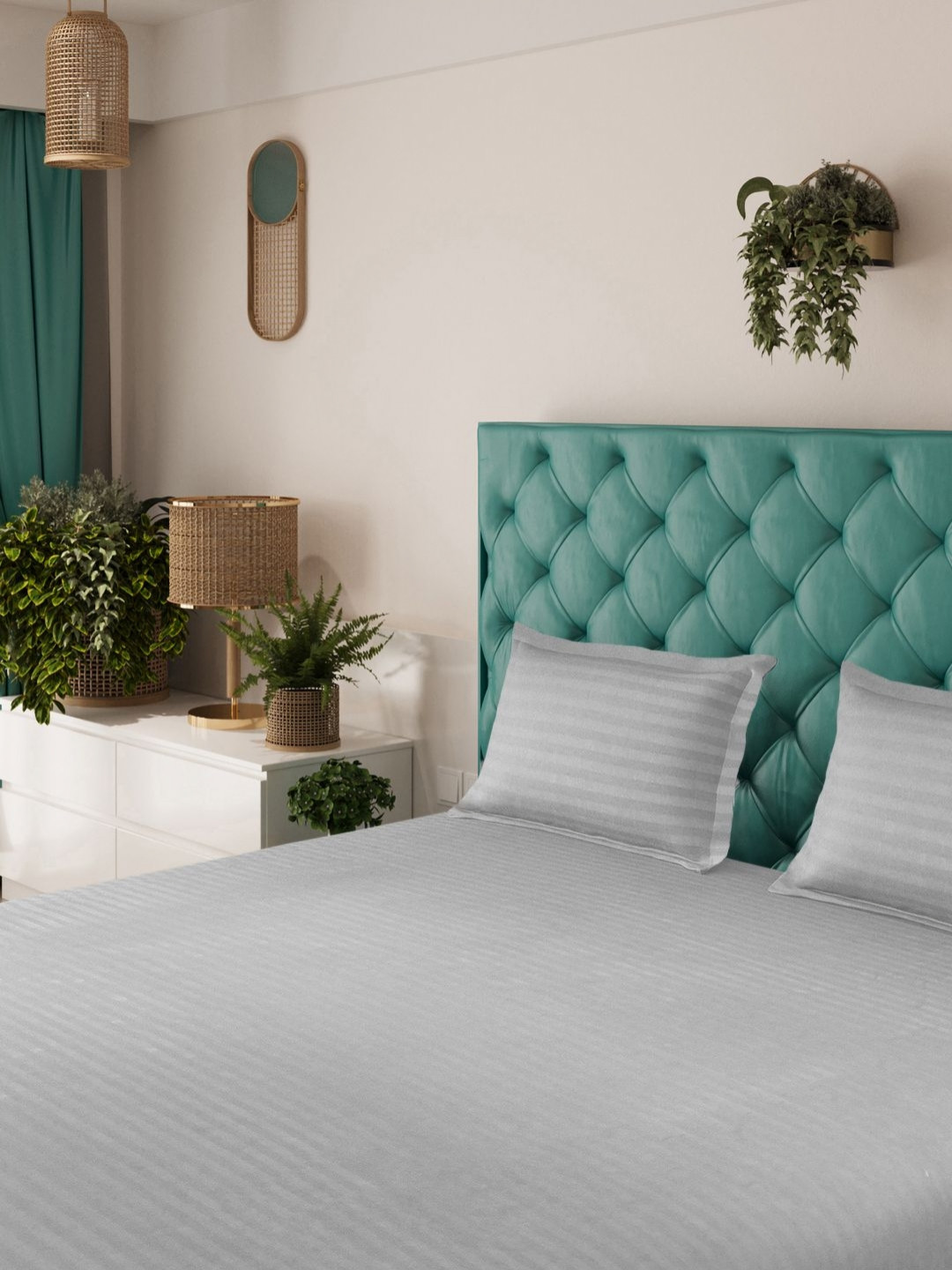 Status Grey Striped Microfiber 144 TC Fitted King Bedsheet with 2 Pillow Covers-330 x 220 cm