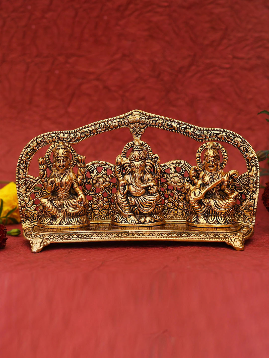 CRAFTAM Gold-Toned and Black Laxmi Ganesh Saraswati Darbar Metal Religious Idol Showpiece
