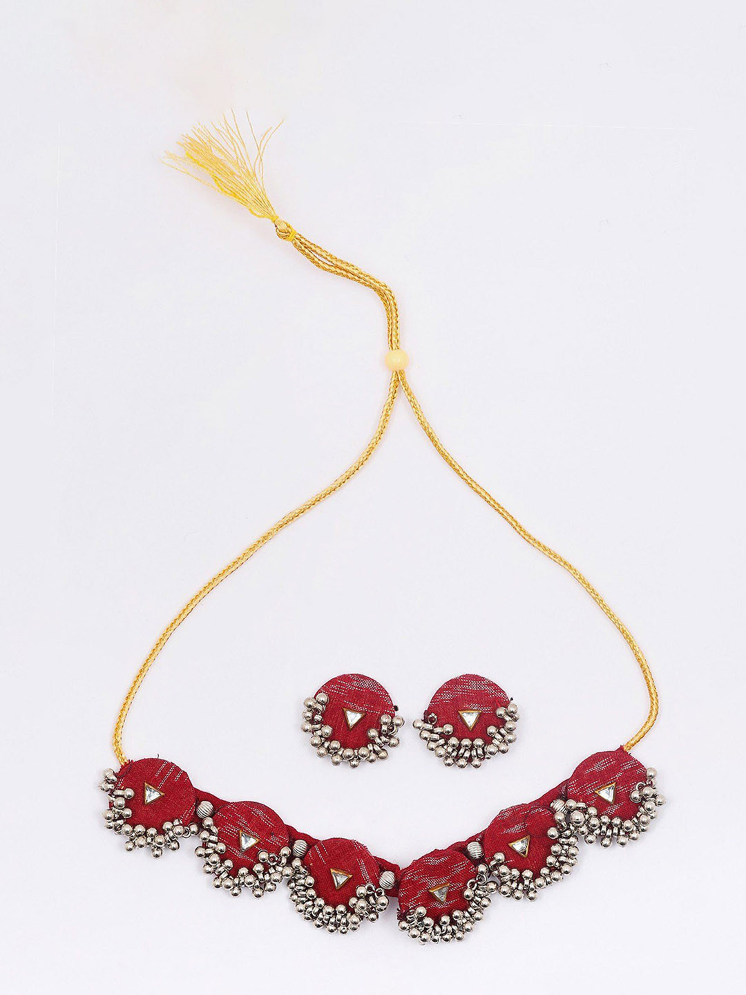 Exotic India Haute-Red Handloom Sambalpuri Fabric Choker & Earrings Set