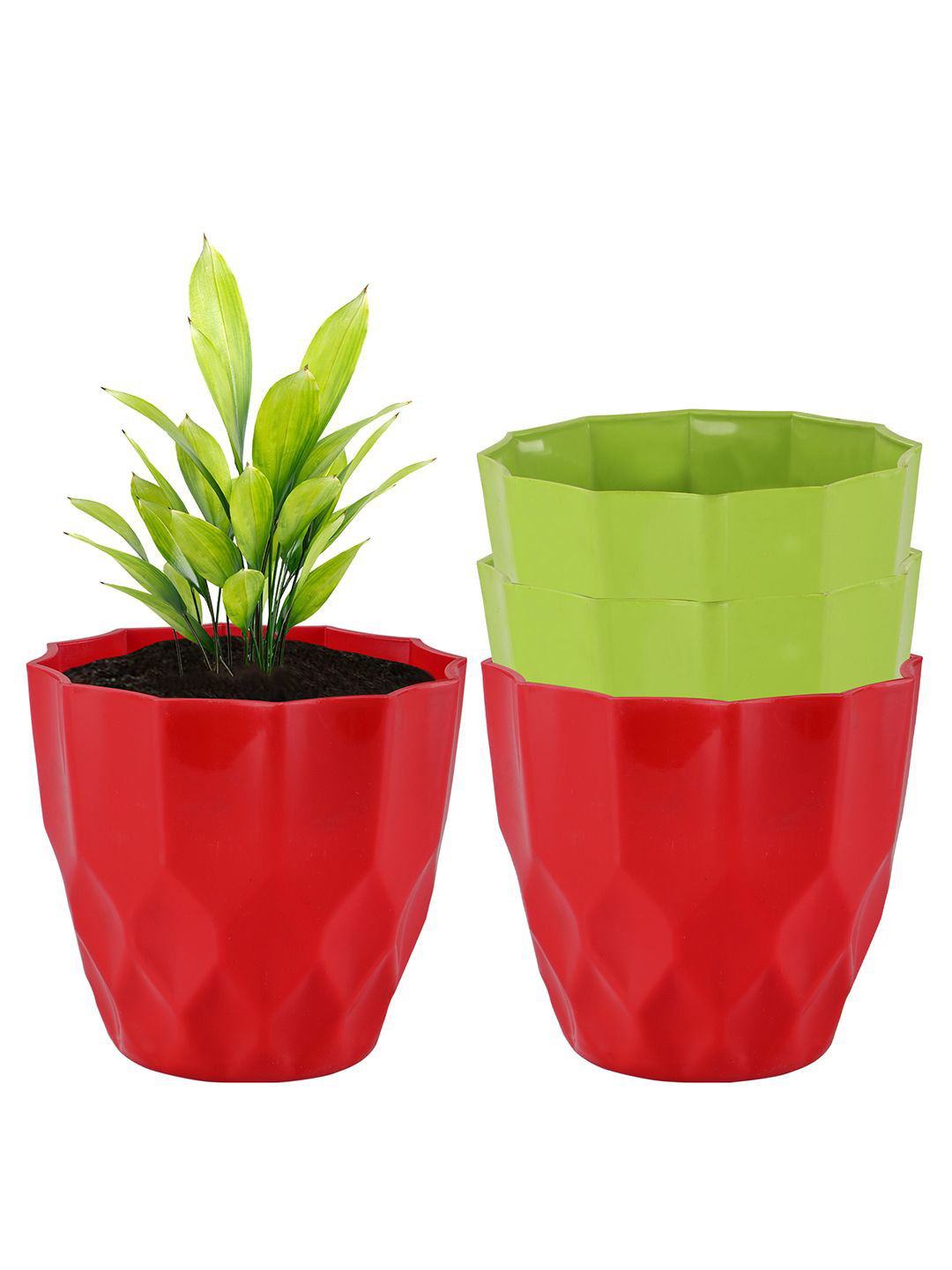 Kuber Industries Green & Red 4 Pieces Barfi Pattern Flower Pots for Garden