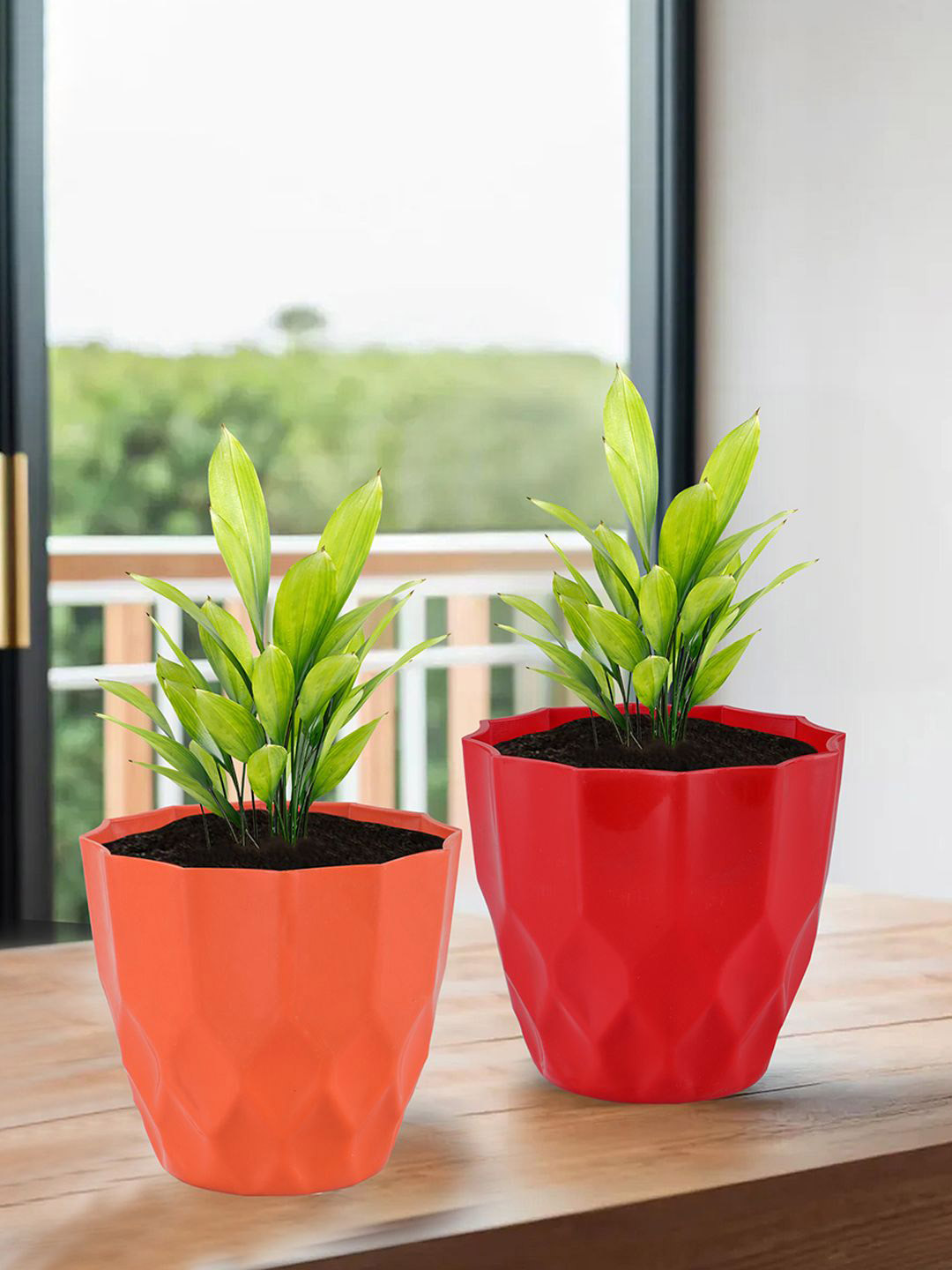 Kuber Industries Orange-Coloured & Red 2 Pieces Barfi Pattern Flower Pots for Gardens