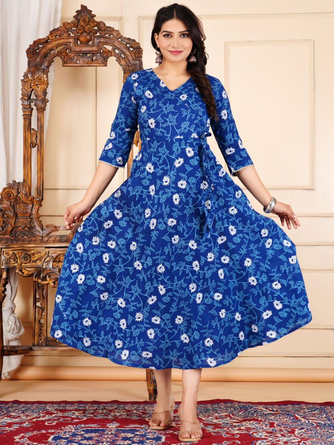 Divsy Fashion Floral Printed V-Neck Angrakha Style A-Line Ethnic Dress
