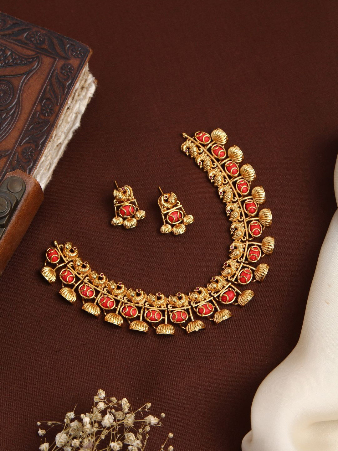 Kattam Gold Plated Coral Peacock Choker Set