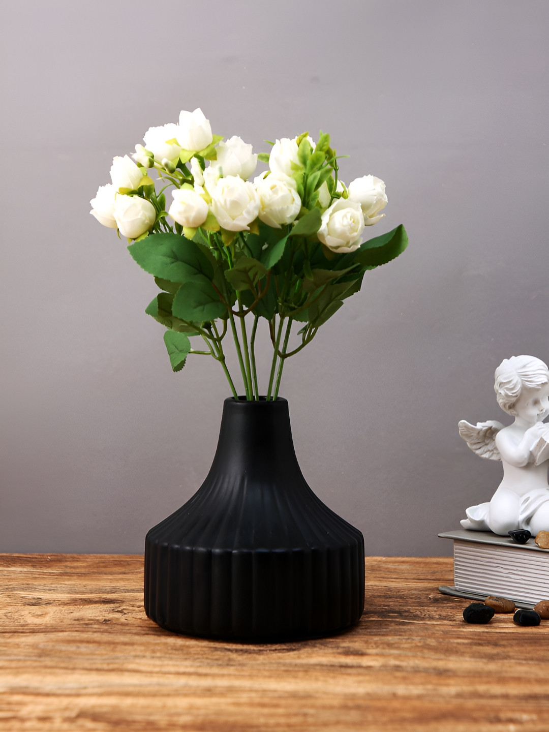 TAYHAA White And Green 2 Pieces Rose Buds Artificial Flowers With Pot