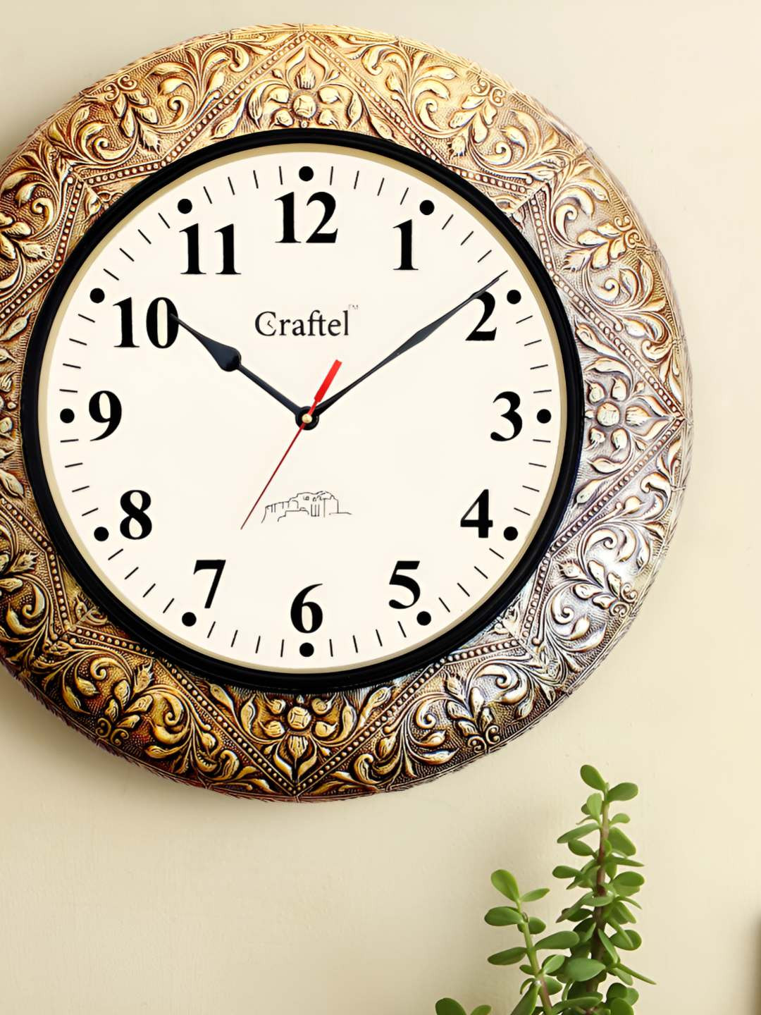 CRAFTEL Gold-Toned Floral Textured Analogue Metal Round Contemporary Roman Wall Clock