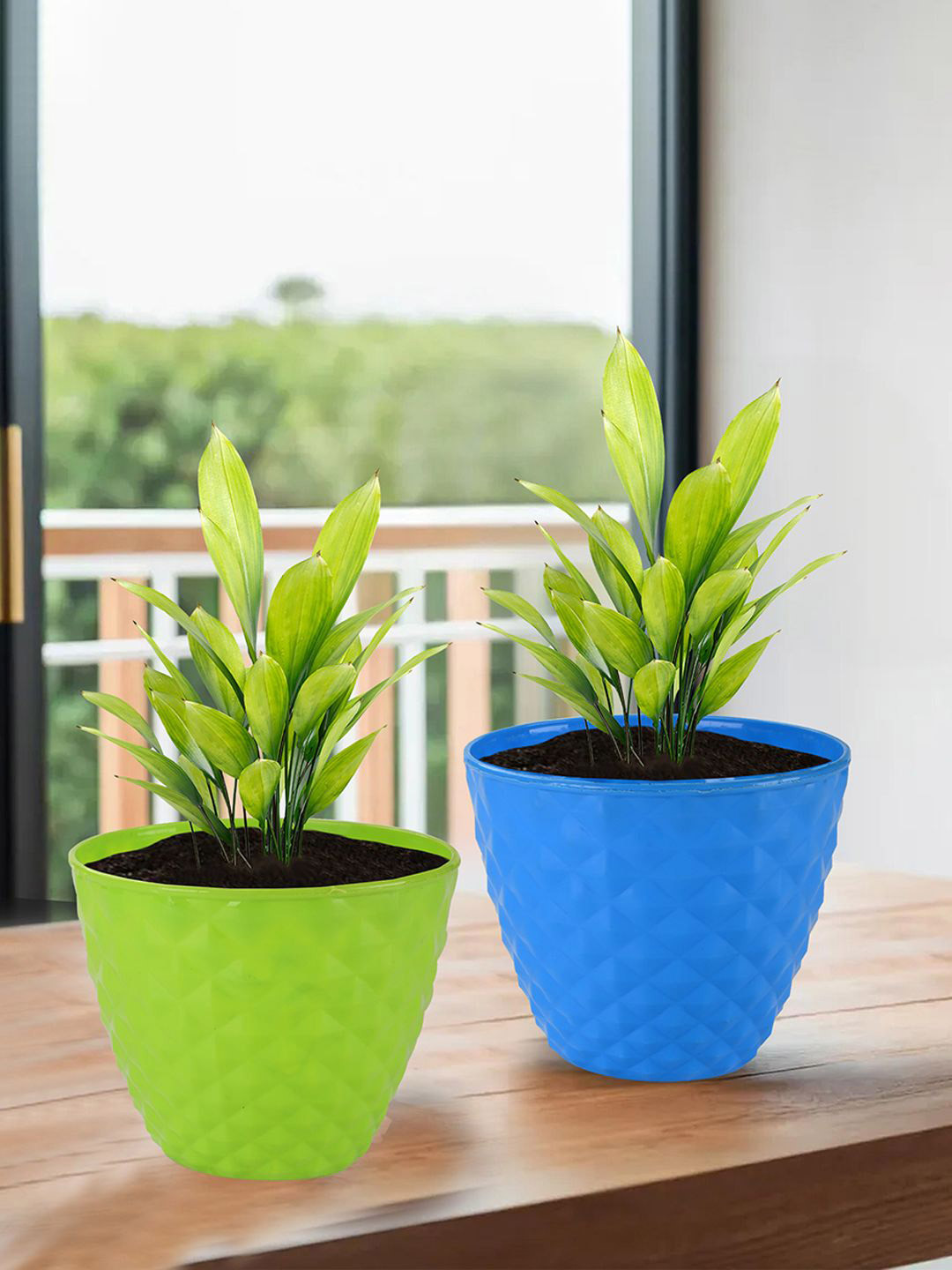 Kuber Industries Green & Blue 6 Pieces Diamond Pattern Durable Plastic Planters