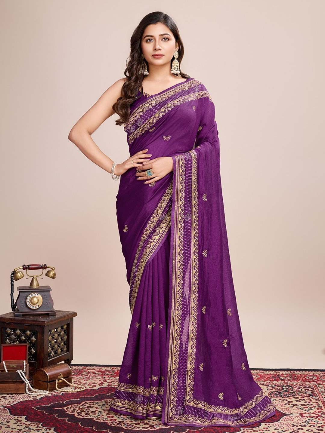 ODETTE Ethnic Motifs Purple Silk Blend Embroidered Saree With Unstitched Blouse For Women