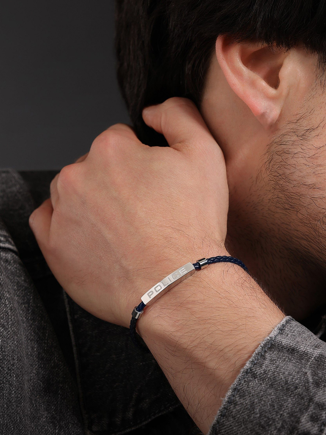 Police Contour Men Stainless Steel Wraparound Leather Linear Bracelet