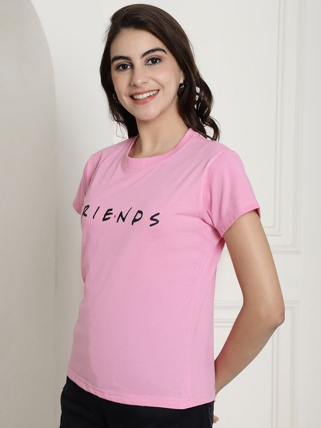 Dreambe Women Typography Printed Round Neck Regular Fit Cotton T-shirt