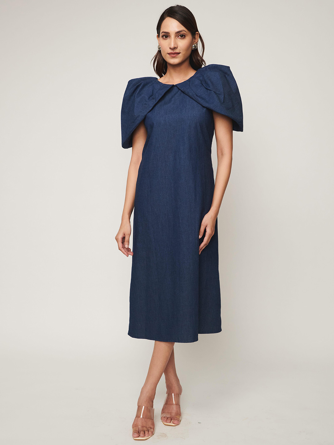 WEAVING CULT Denim Dramatic Pleated Sleeve Midi Dress