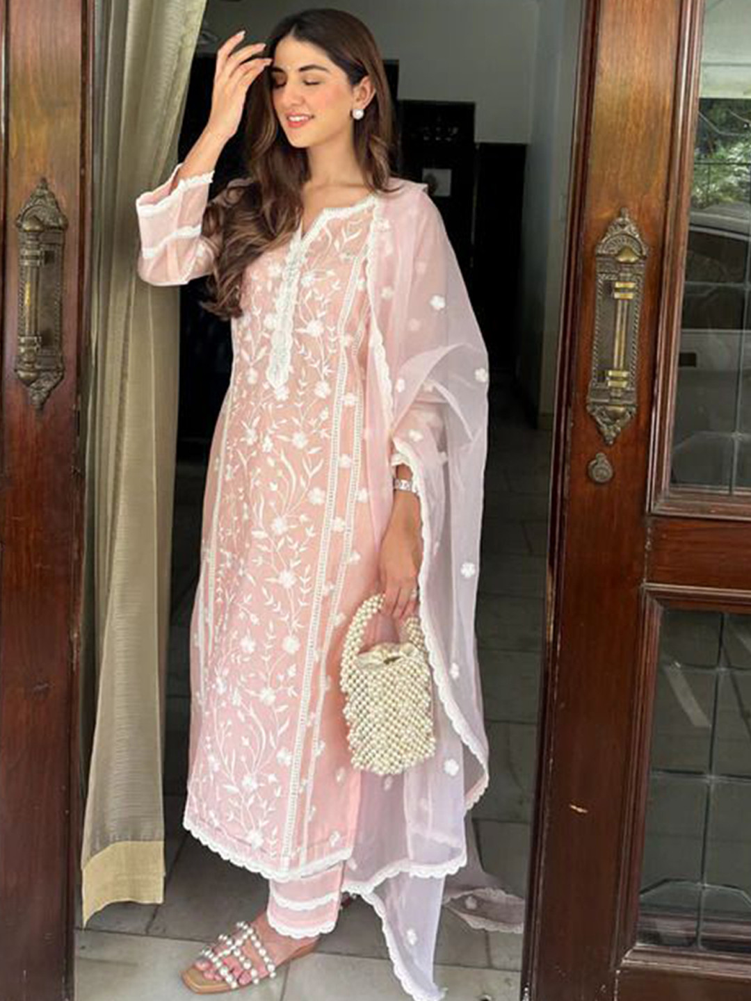 Bought First Floral Embroidered Notch Neck Straight Kurta  With Trousers And Dupatta