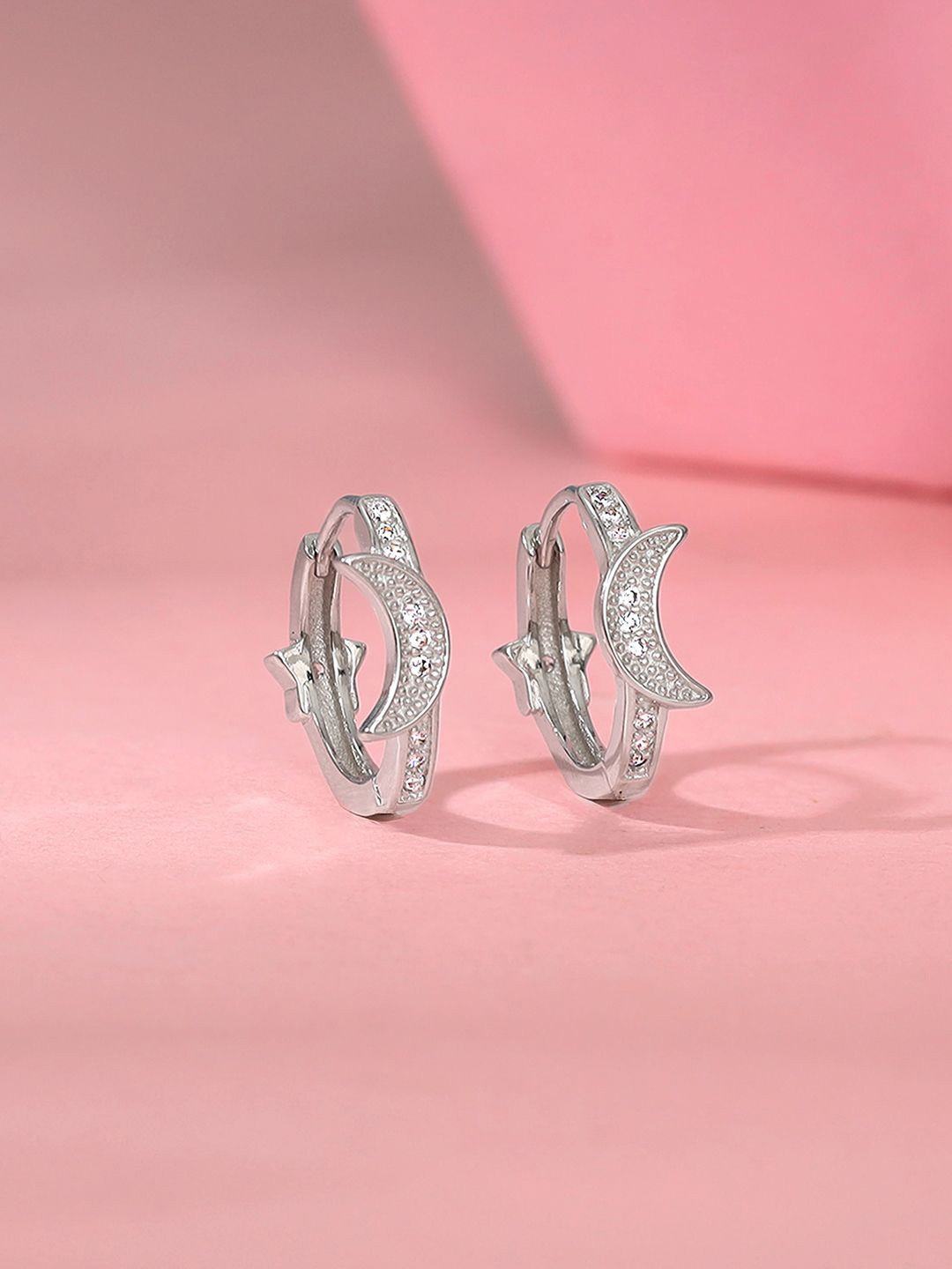 GIVA Rhodium Plated 925 Sterling Silver Zircon Studded Half Moon Hoop Earrings