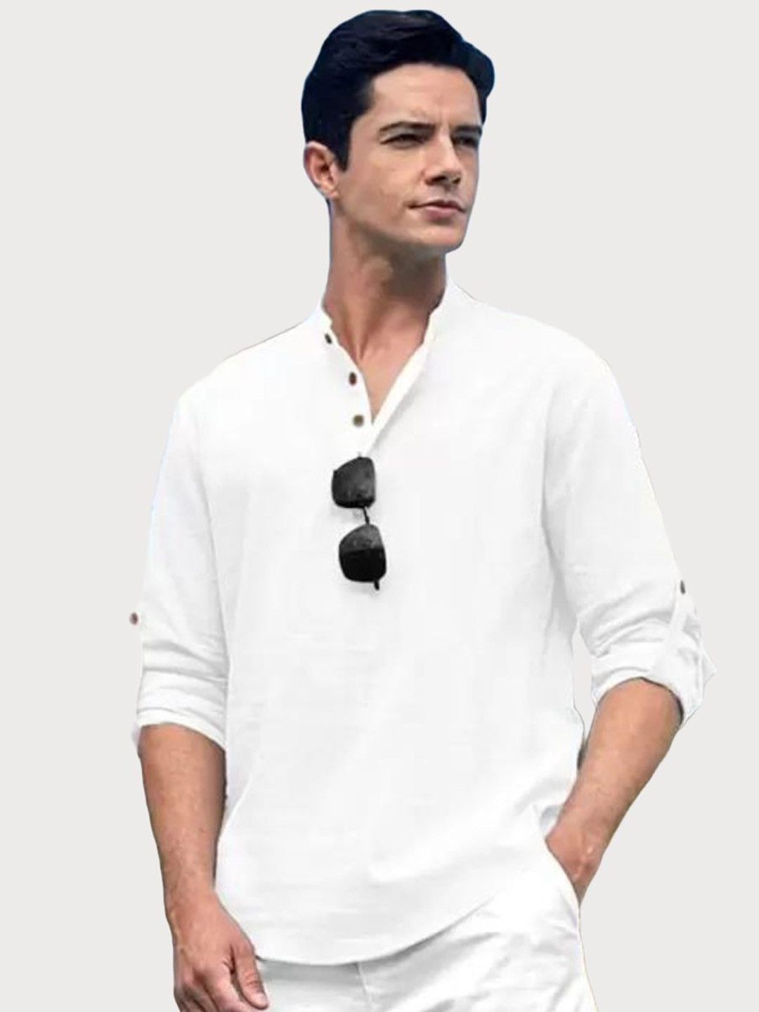 LIFE ROADS Band Collar Collar Roll-Up Sleeves Pure Cotton Short Kurta