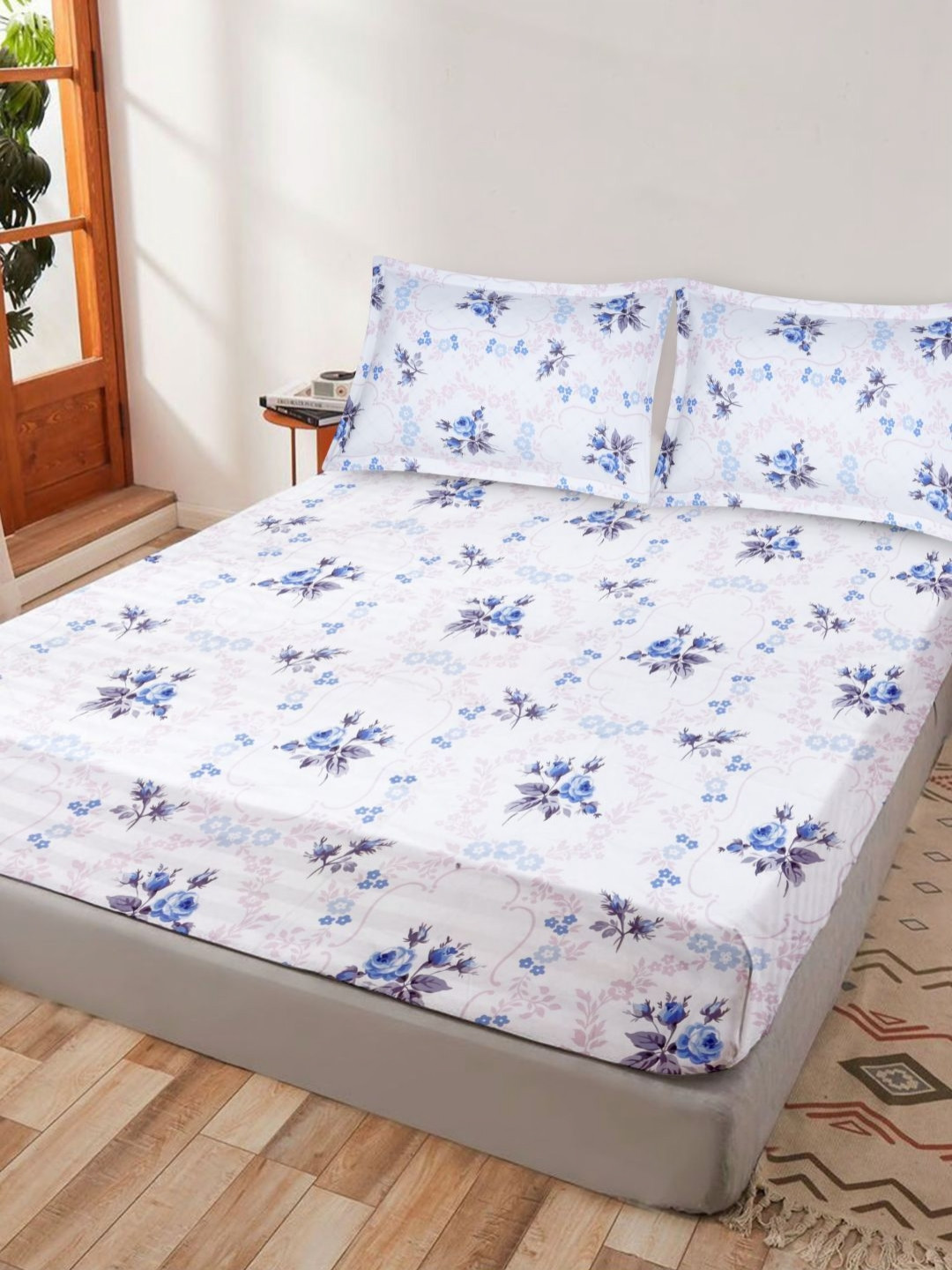 Crest Innovative Lives White Floral Cotton 300 TC King Fine Bedsheet with 2 Pillow Covers-274 x 274 cm