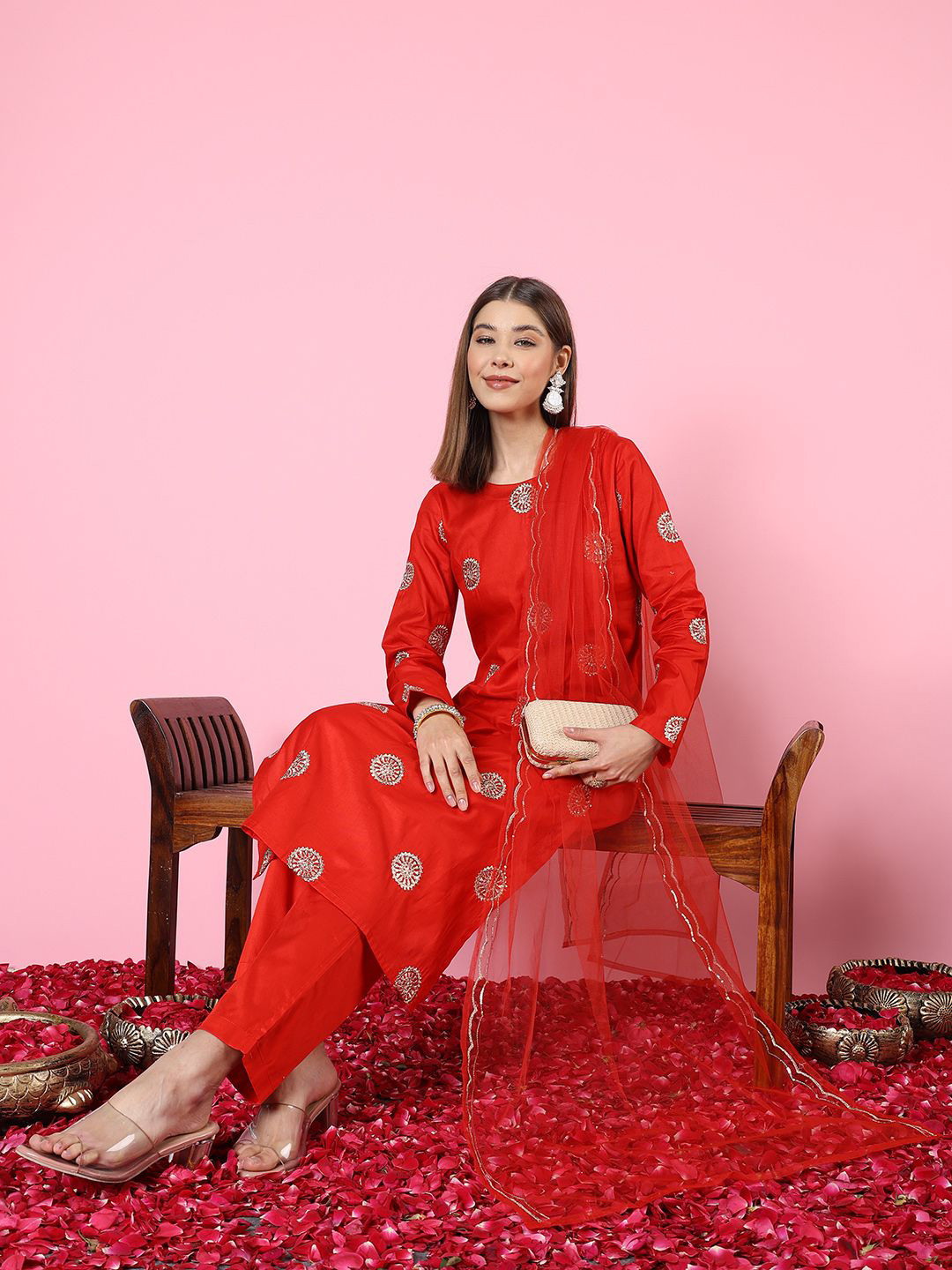 Anouk Floral Embroidered Sequinned Jam Satin Kurta With Trousers And Dupatta