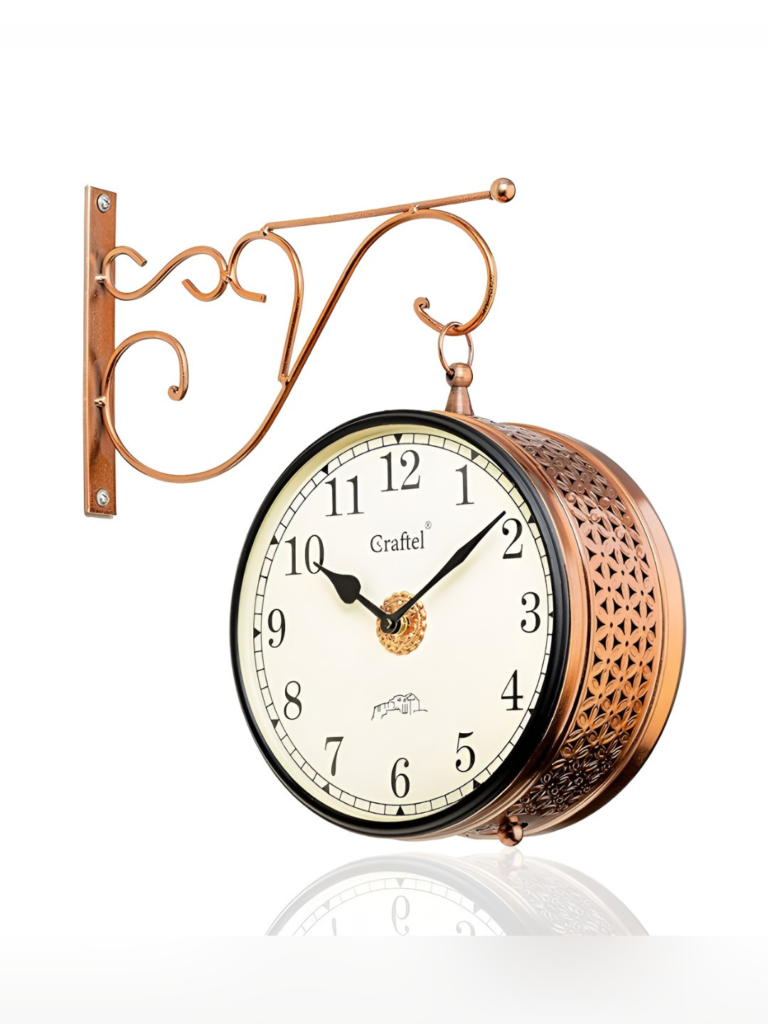 CRAFTEL Rose Gold-Toned Floral Textured Analogue Metal Round Vintage Wall Clock