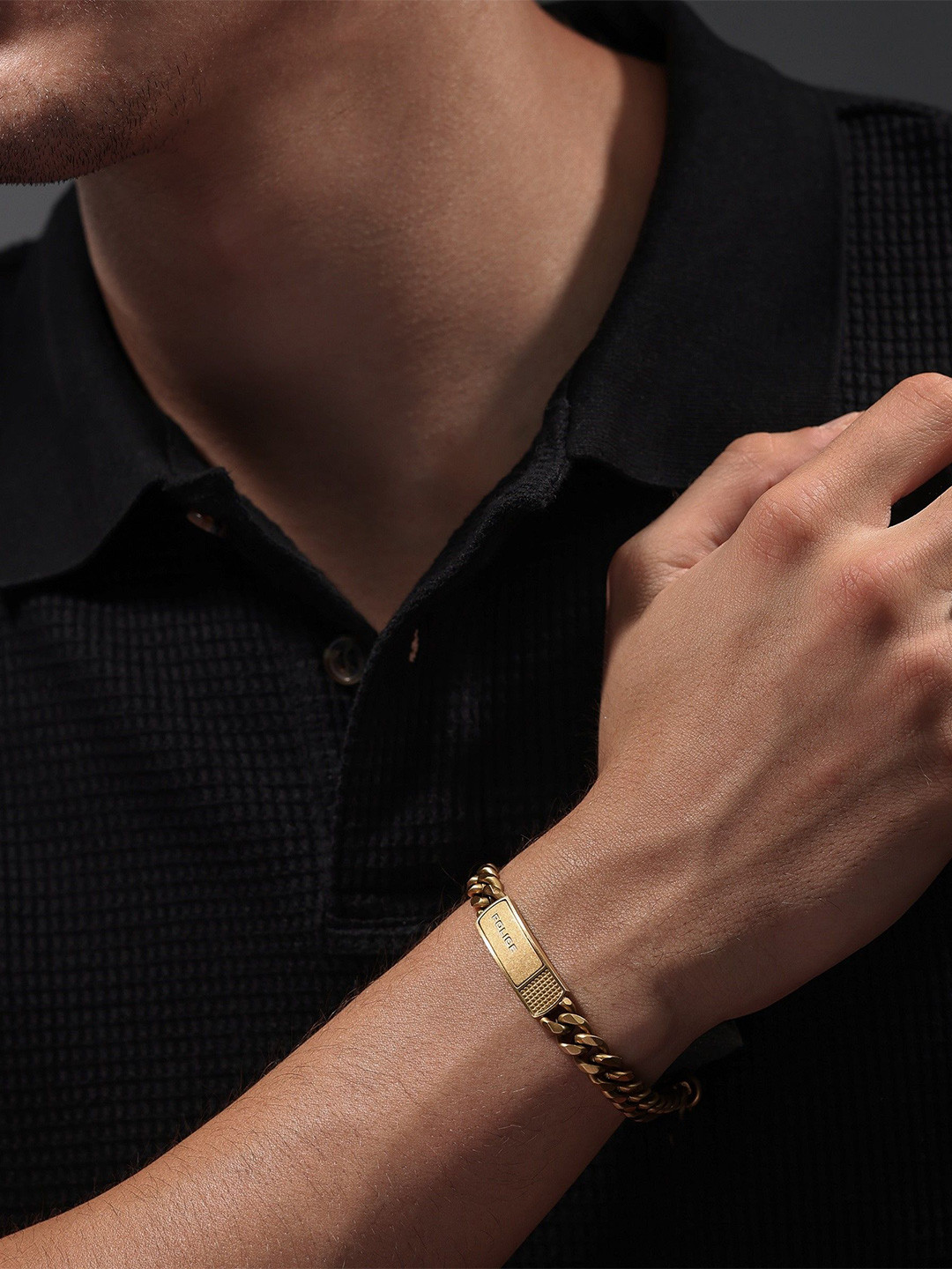 Police Identity Men Stainless Steel Gold-Plated Link Bracelet