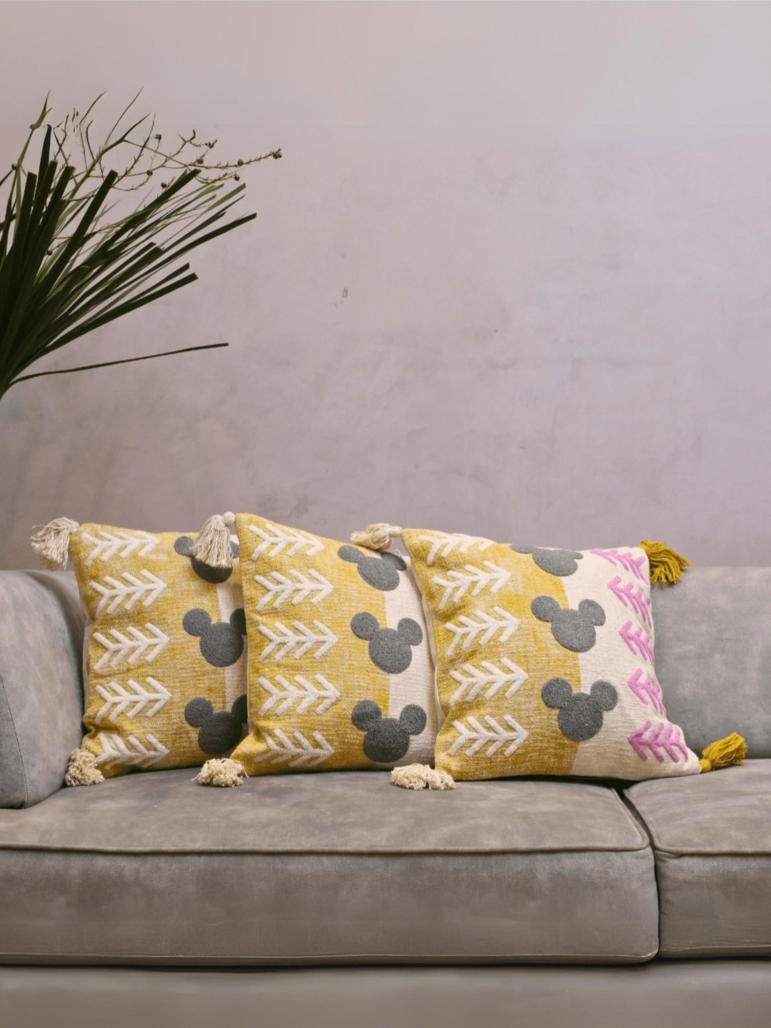 LUSHLYF Yellow & White 3 Pcs Cartoon Characters Embroidered Cotton Square Cushion Covers