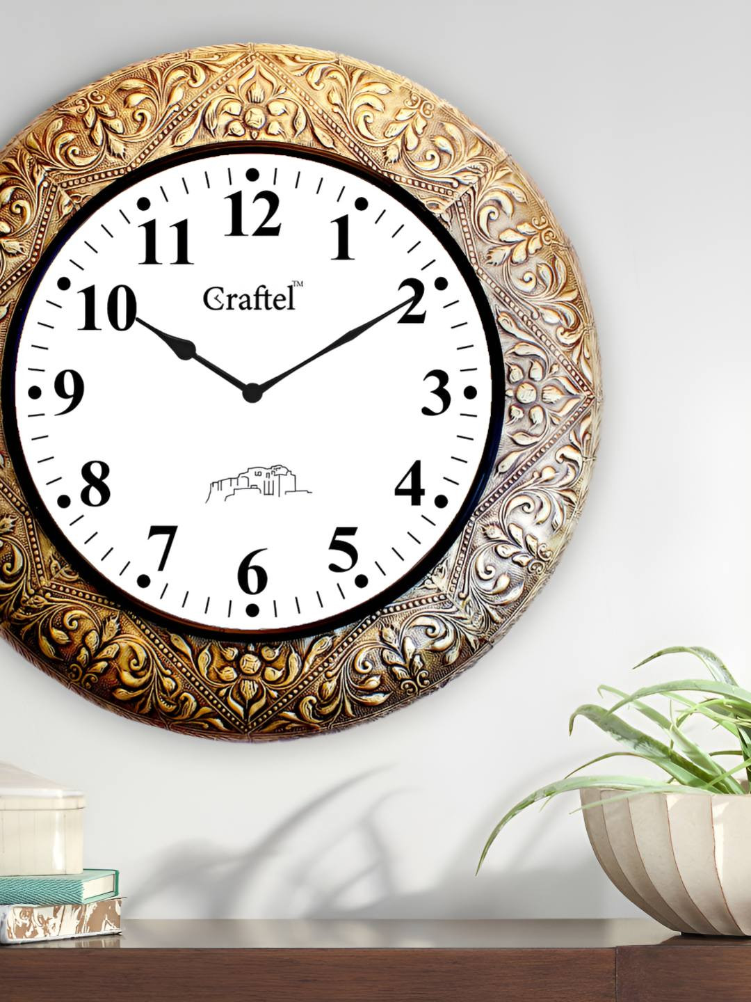 CRAFTEL Gold-Toned Floral Textured Analogue Metal Round Traditional Antique Wall Clock