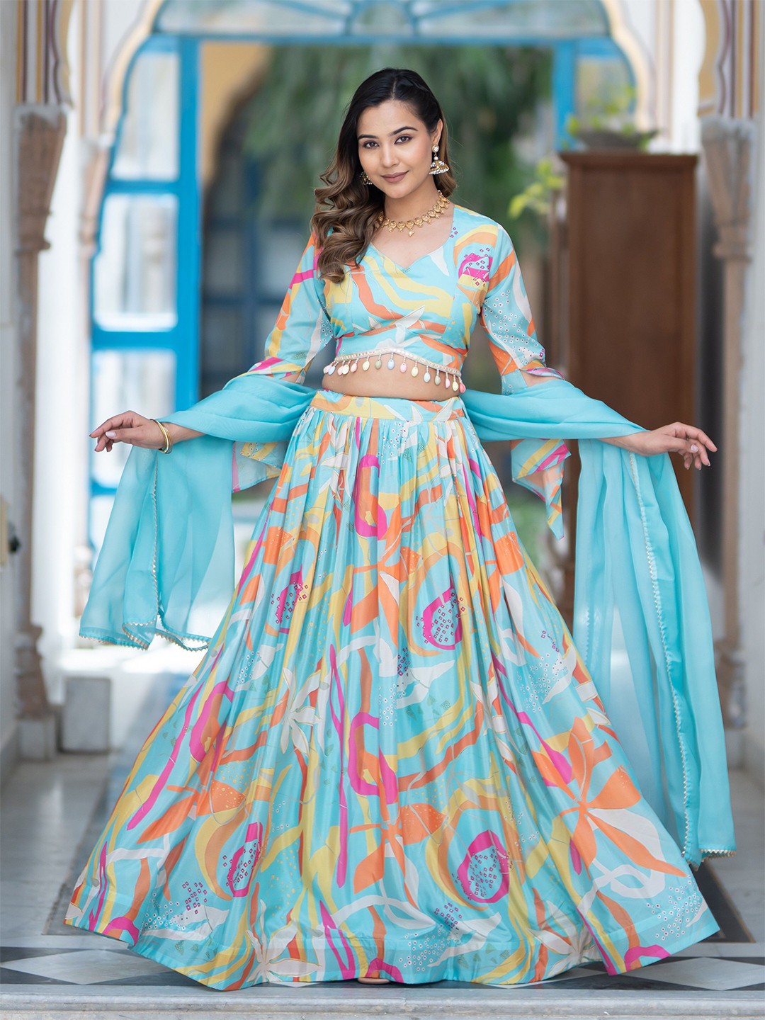 TASRIKA Printed Beads Work Semi-Stitched Lehenga & Unstitched Blouse With Dupatta