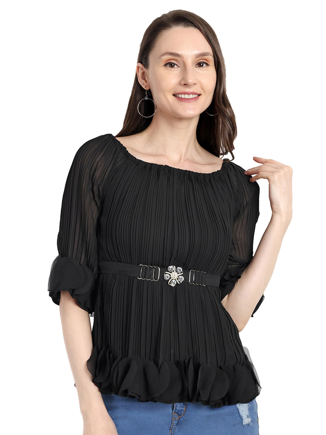 HAUTEMODA Women Round Neck Georgette Top