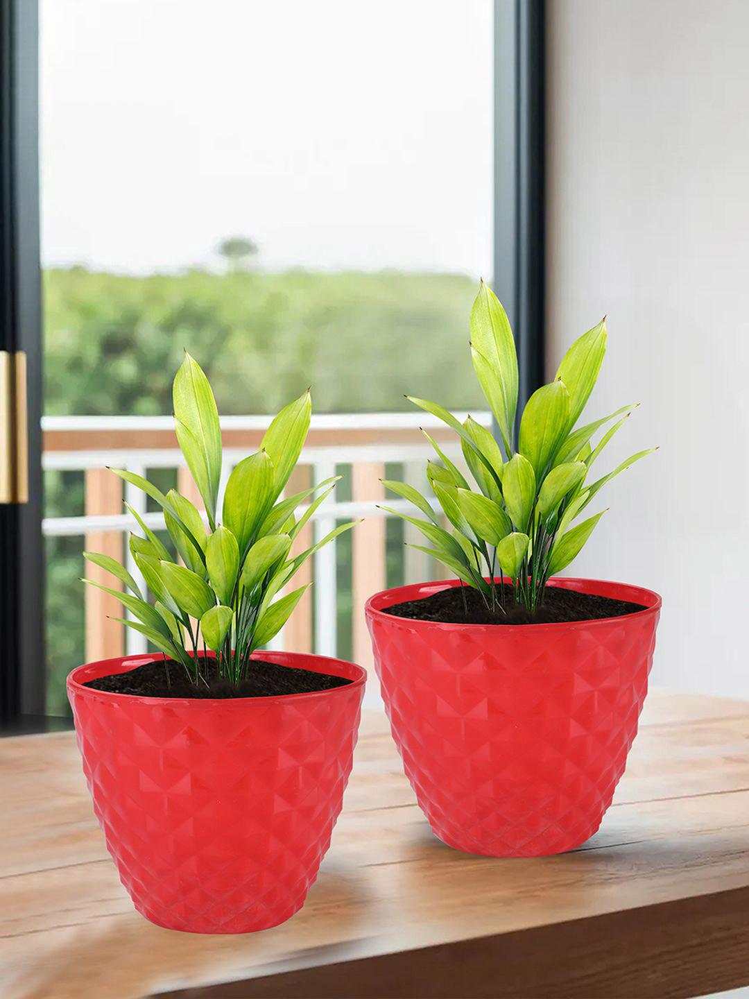 Kuber Industries Red 3 Pieces Diamond Textured Durable Planters