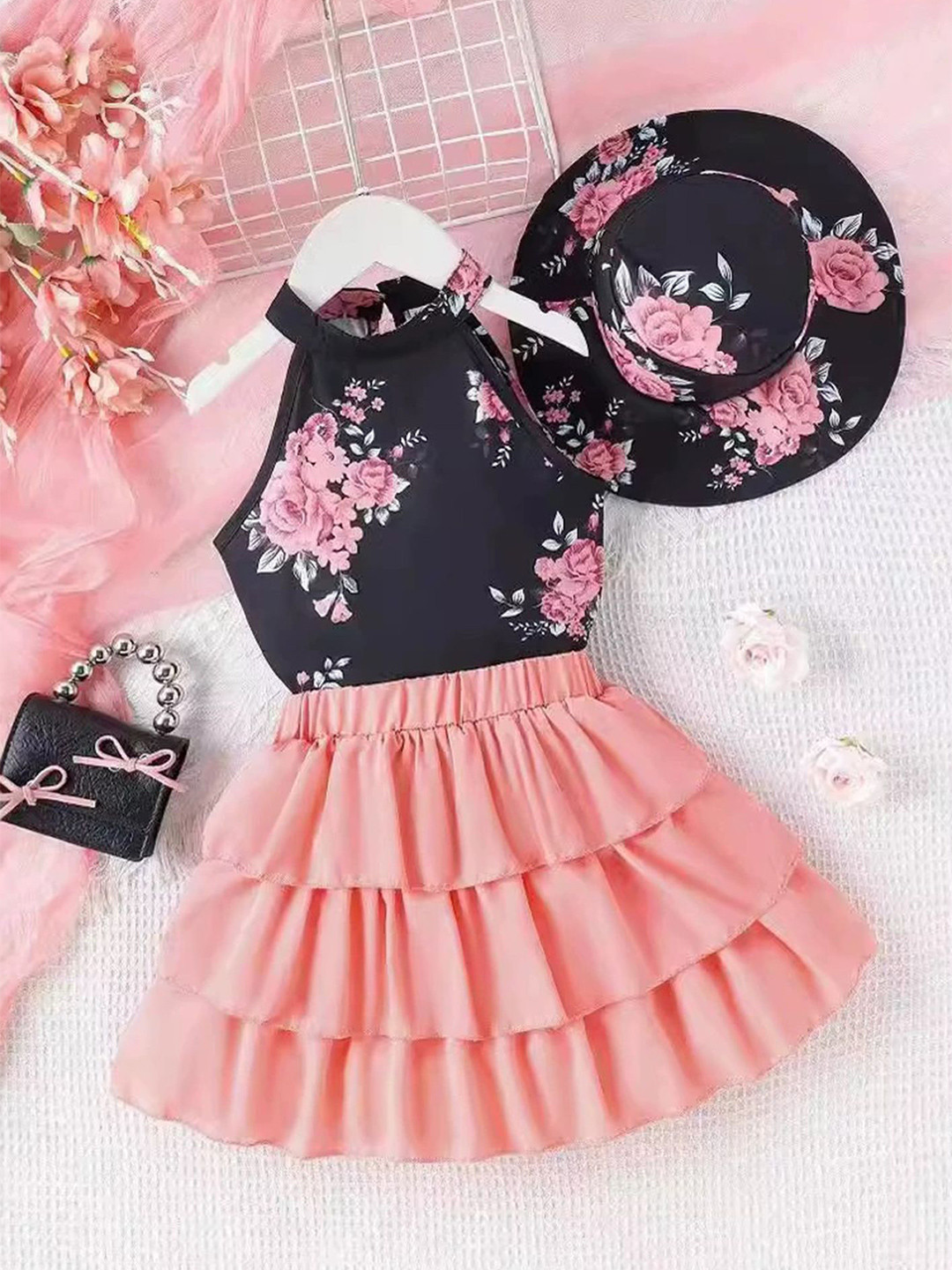 LULU & SKY Girls Floral Printed Halter Neck Top Skirt With Bag And Cap