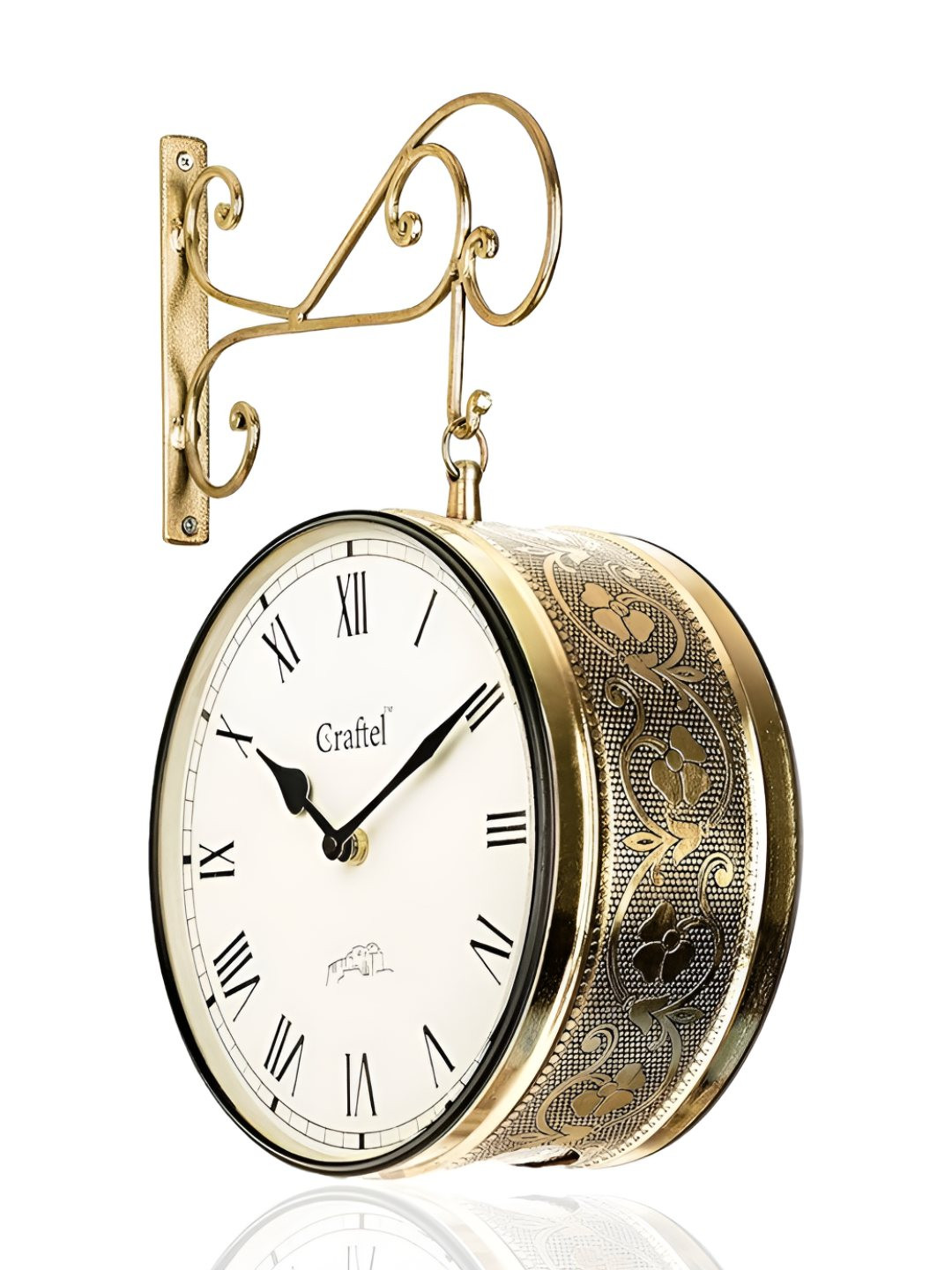 CRAFTEL Gold-Toned Floral Textured Roman Dial Analogue Metal Round Vintage Wall Clock