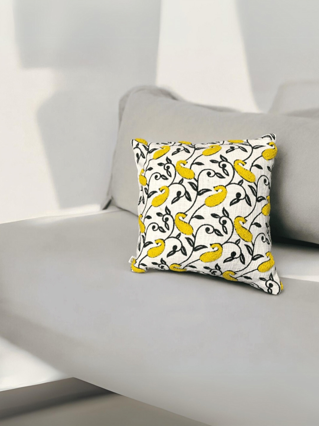 LUSHLYF Tufted White & Yellow Paisley Embroidered Cotton Square Cushion Cover