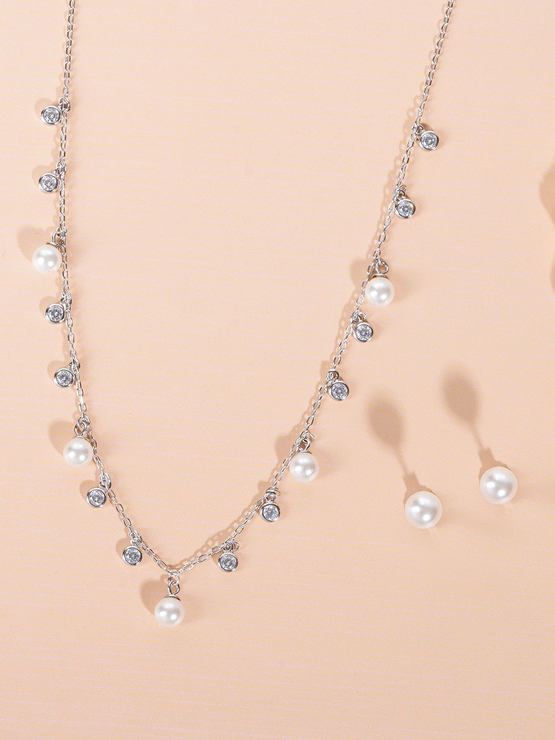 GLYTERS 925 Sterling Silver Rhodium-Plated Pearl Beaded Dewdrop Jewellery Set