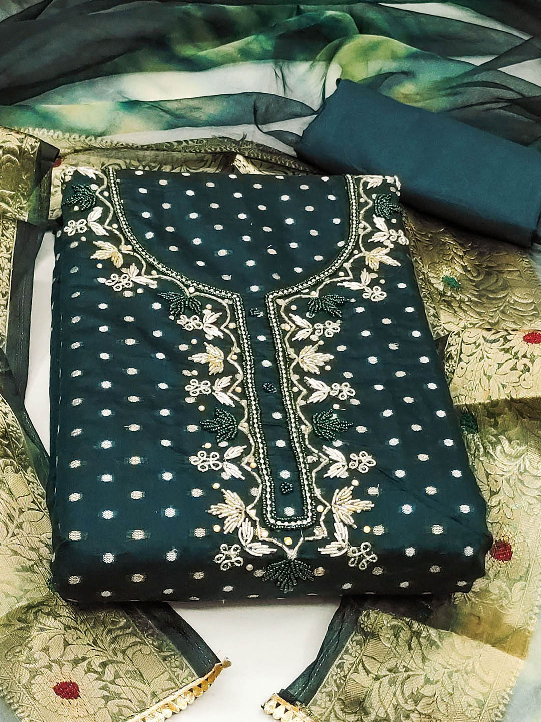 SAINOOR Floral Woven Design Beads And Stones Modal Cotton Semi-Stitched Dress Material