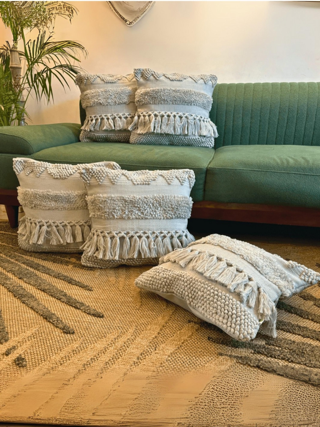 LUSHLYF Tufted Grey & Beige 5 Pieces Geometric Textured Cotton Square Cushion Covers