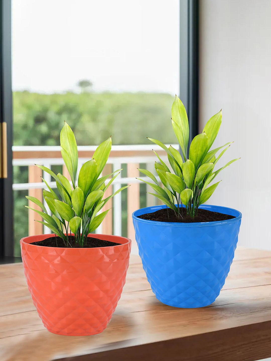 Kuber Industries Orange Colored & Blue 4 Pieces Diamond Pattern Flower Pots for Garden