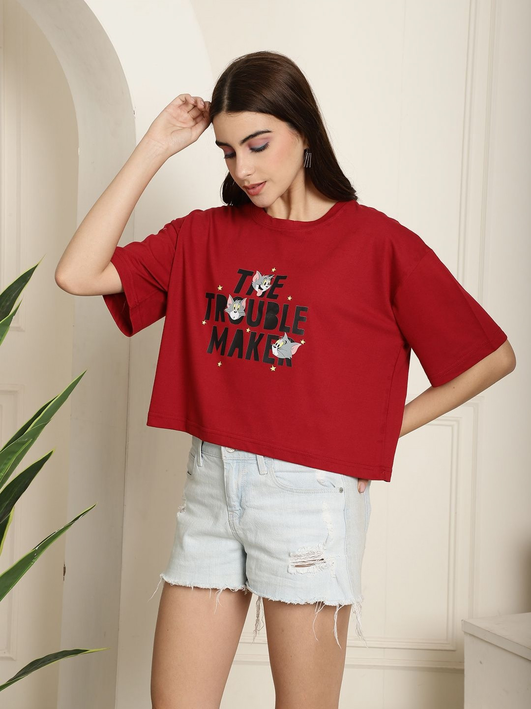 Dreambe Women Mickey & Friends Graphic Printed Round Neck Cotton Boxy T-shirt