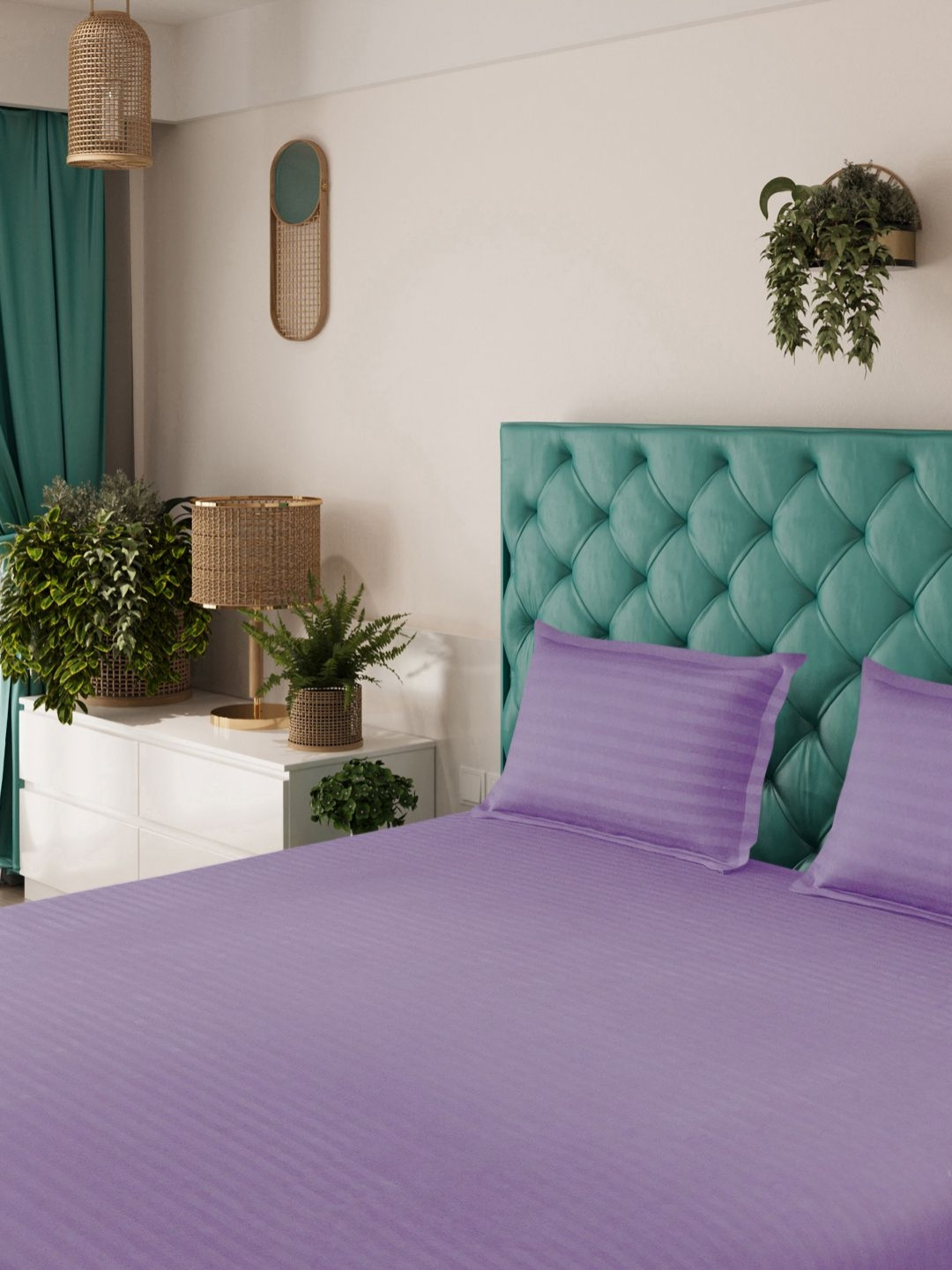 Status Purple Striped Microfiber 144 TC Fitted King Bedsheet with 2 Pillow Covers-130 x 87 inches