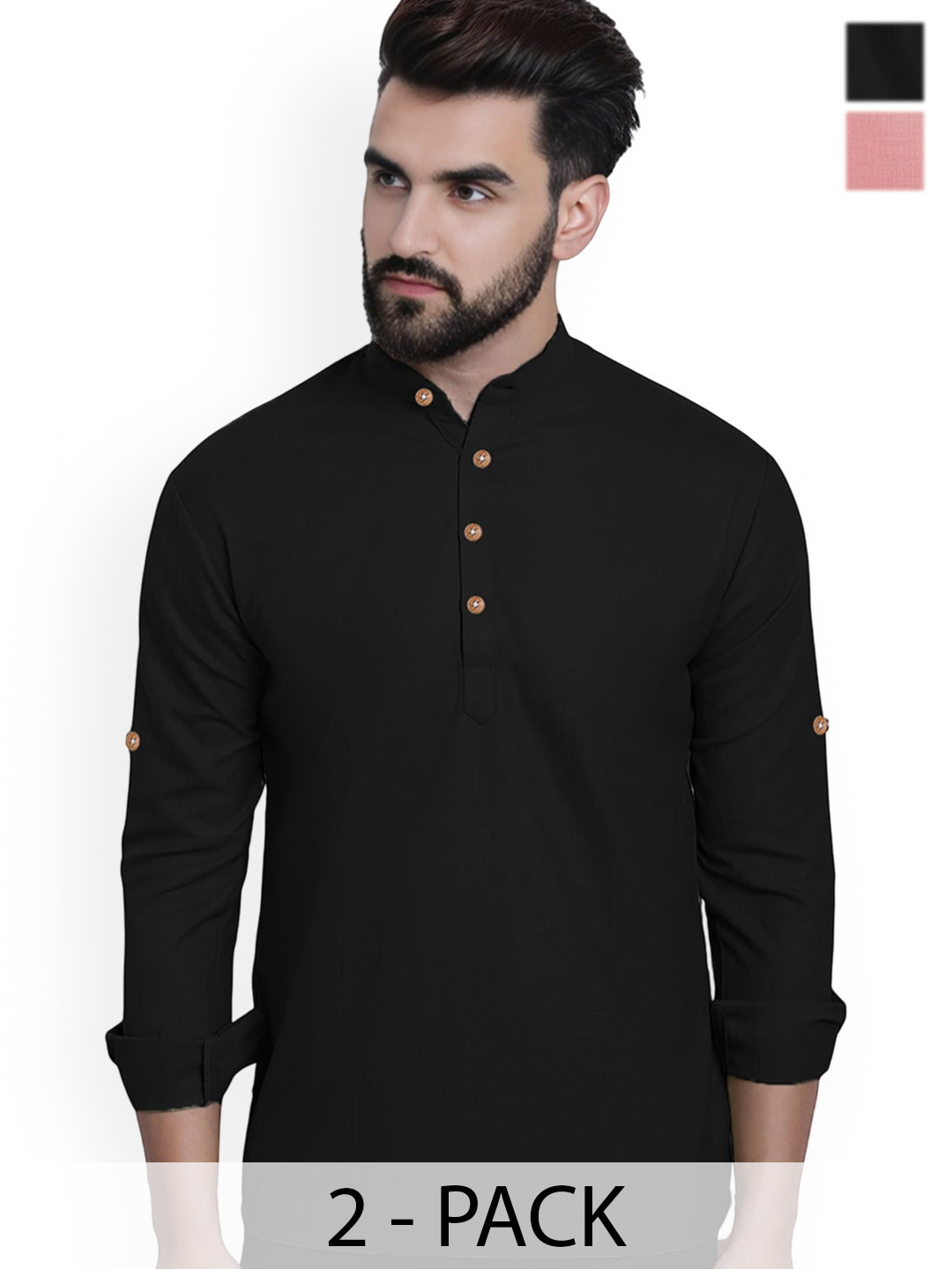 Vida Loca Selection Of 2 Band Collar Cotton Straight Short Kurtas