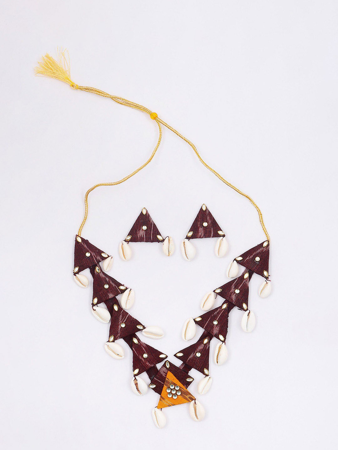 Exotic India Handloom Sambalpuri Fabric Necklace with Dangling Shell and Earrings Set