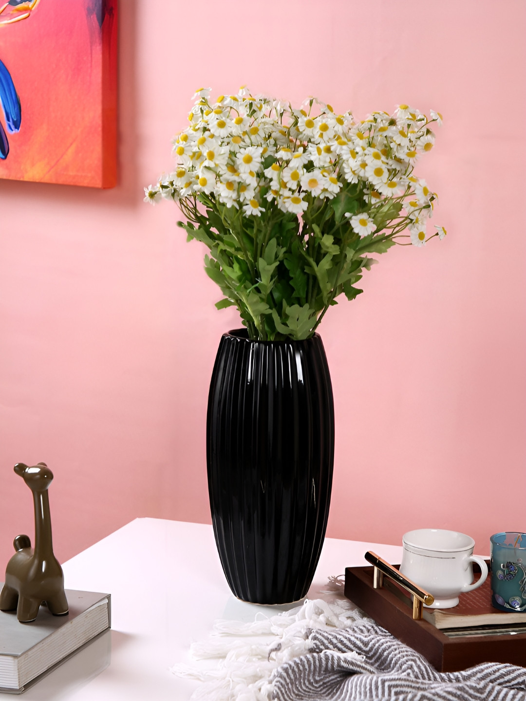 TAYHAA White And Green 2 Pieces Wildflower Artificial Flowers With Pot